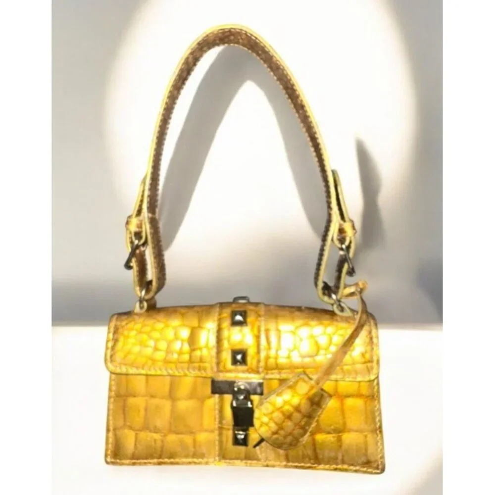 Cynthia Rowley Purse Gold Metallic Croc Embossed Leather Cocco Bello Mini Bag - Picture 3 of 11
